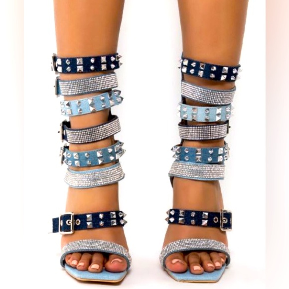 Azalea Wang Rhinestone Denim Open Toe Stiletto High Heel Gladiator Sanda… - Picture 3 of 4